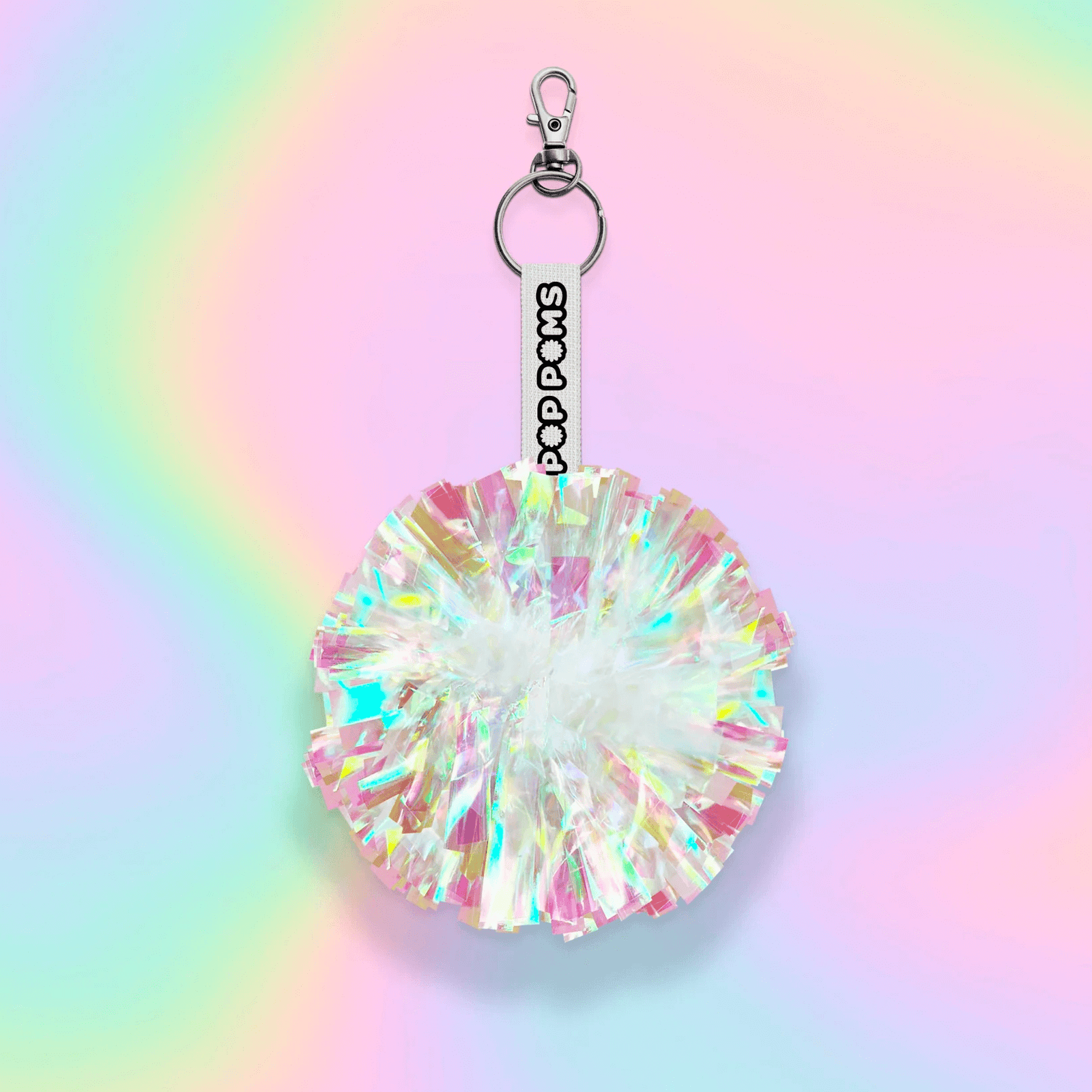 Crystal rainbow holographic pom pom keyring