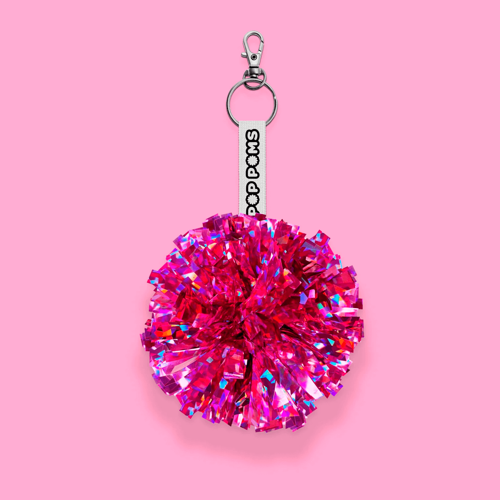 Hot pink shattered holographic pom pom keyring
