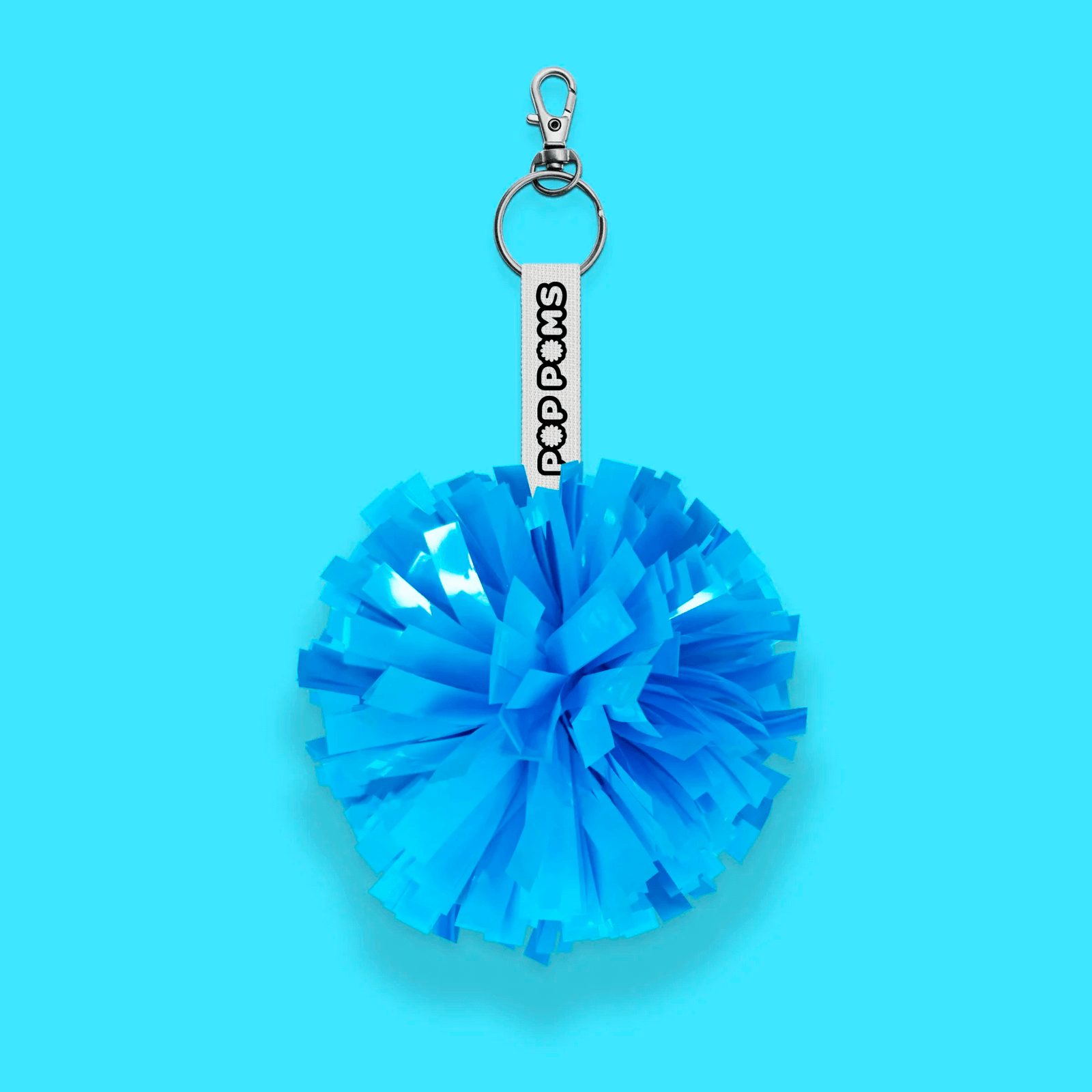 Neon blue metallic pom pom keyring
