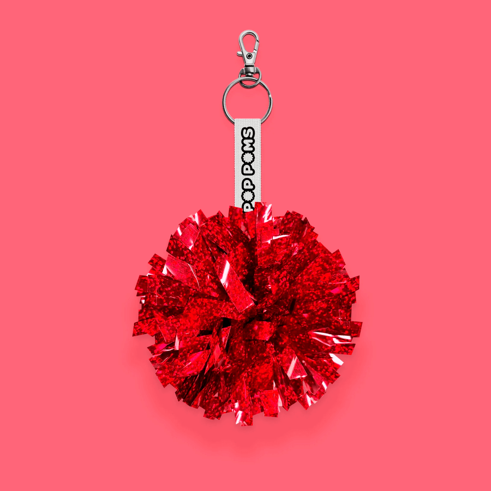 Red sparkle holographic pom pom keyring