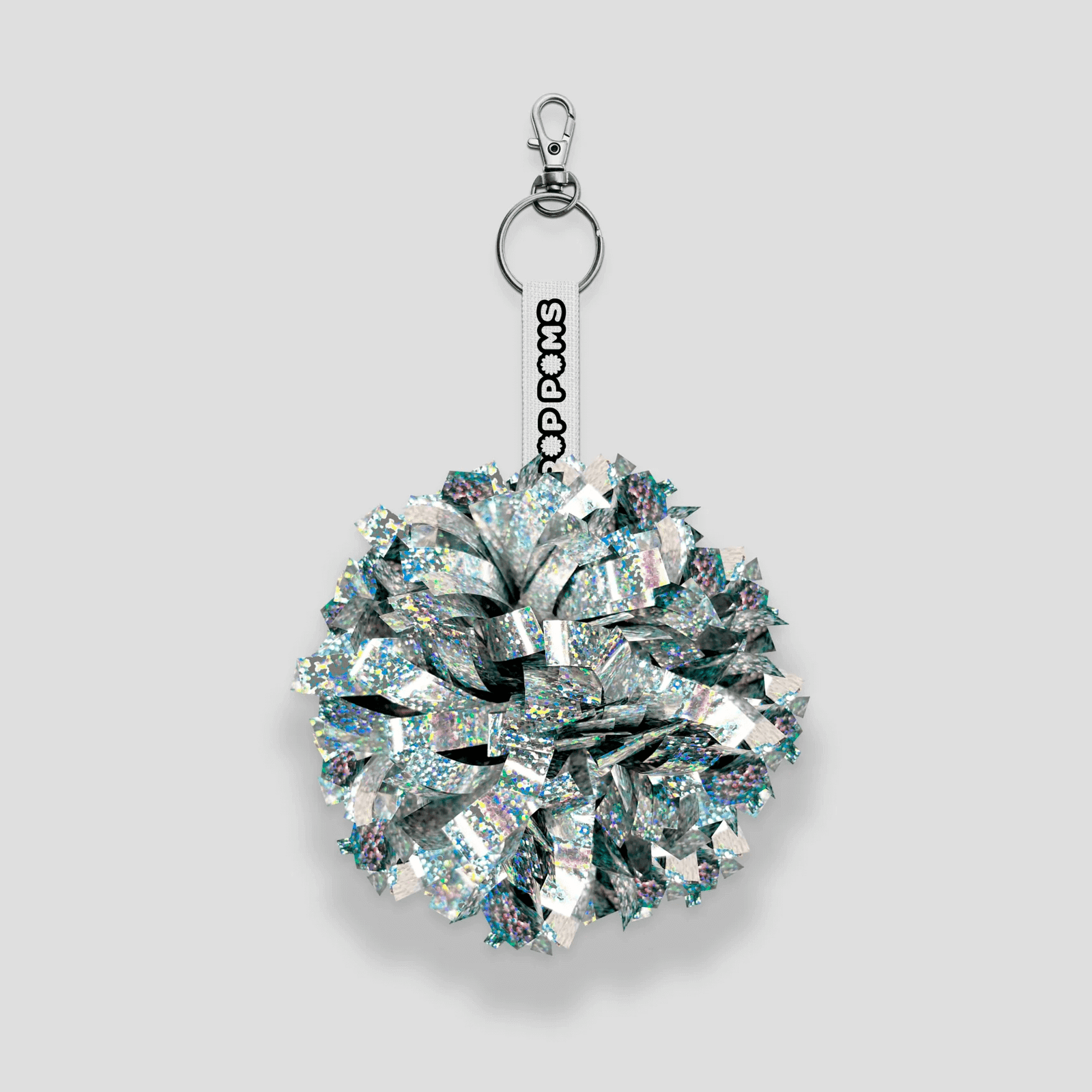 Silver sparkle holographic pom pom keyring