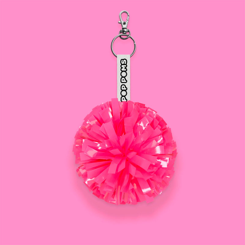Neon Bright Pink Metallic pom pom keyring