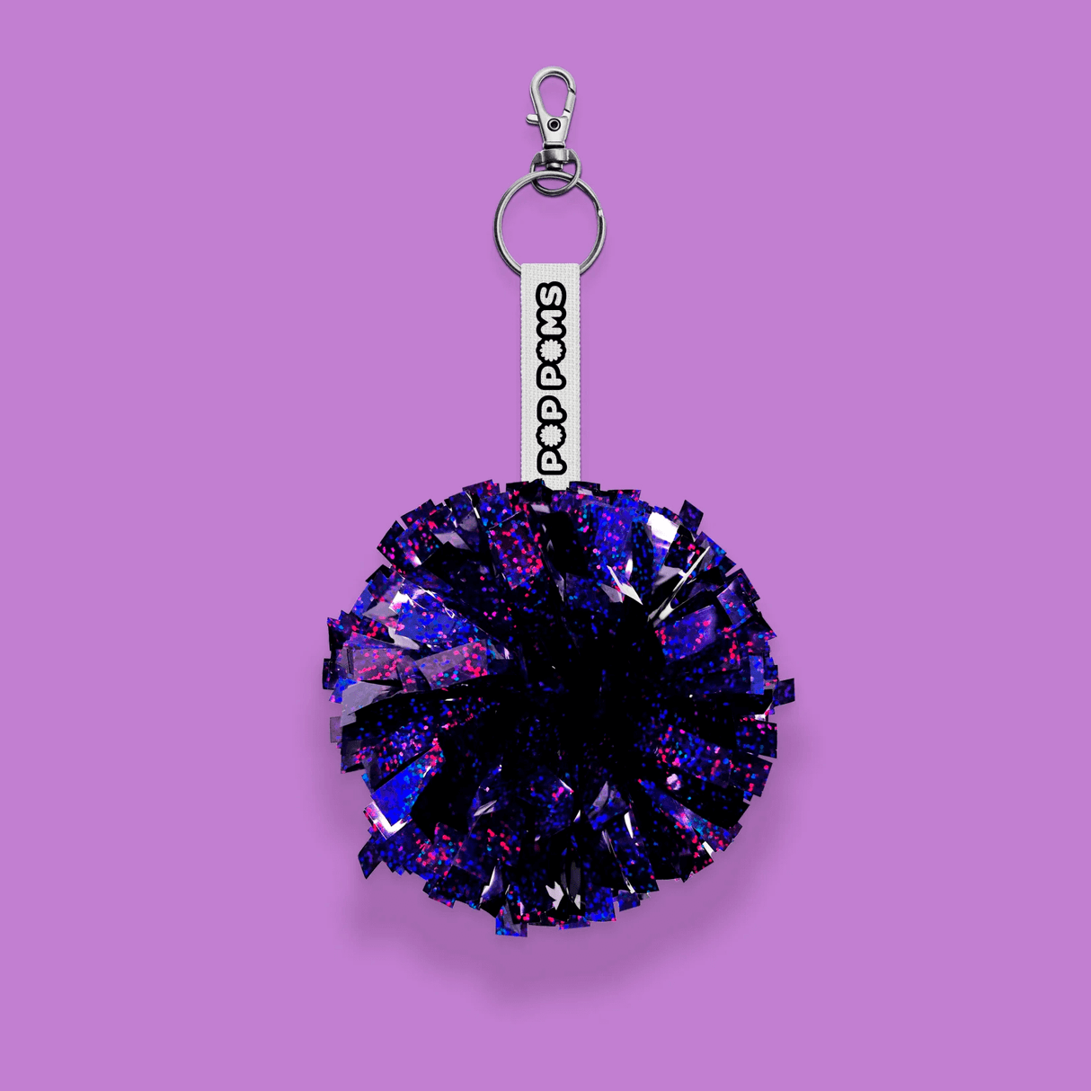 Lila glittrig holografisk pom pom-nyckelring
