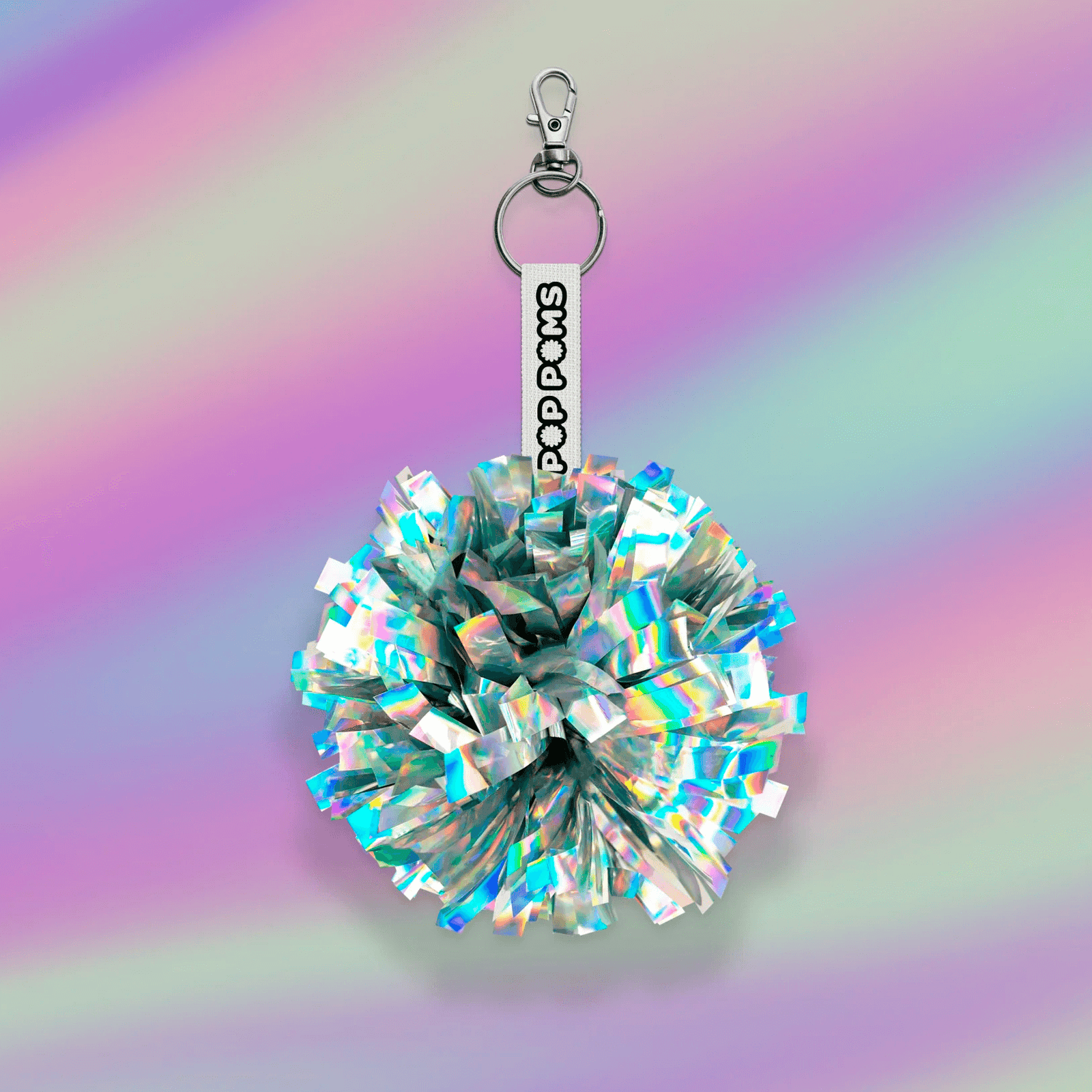 Rainbow laser holographic pom pom keyring