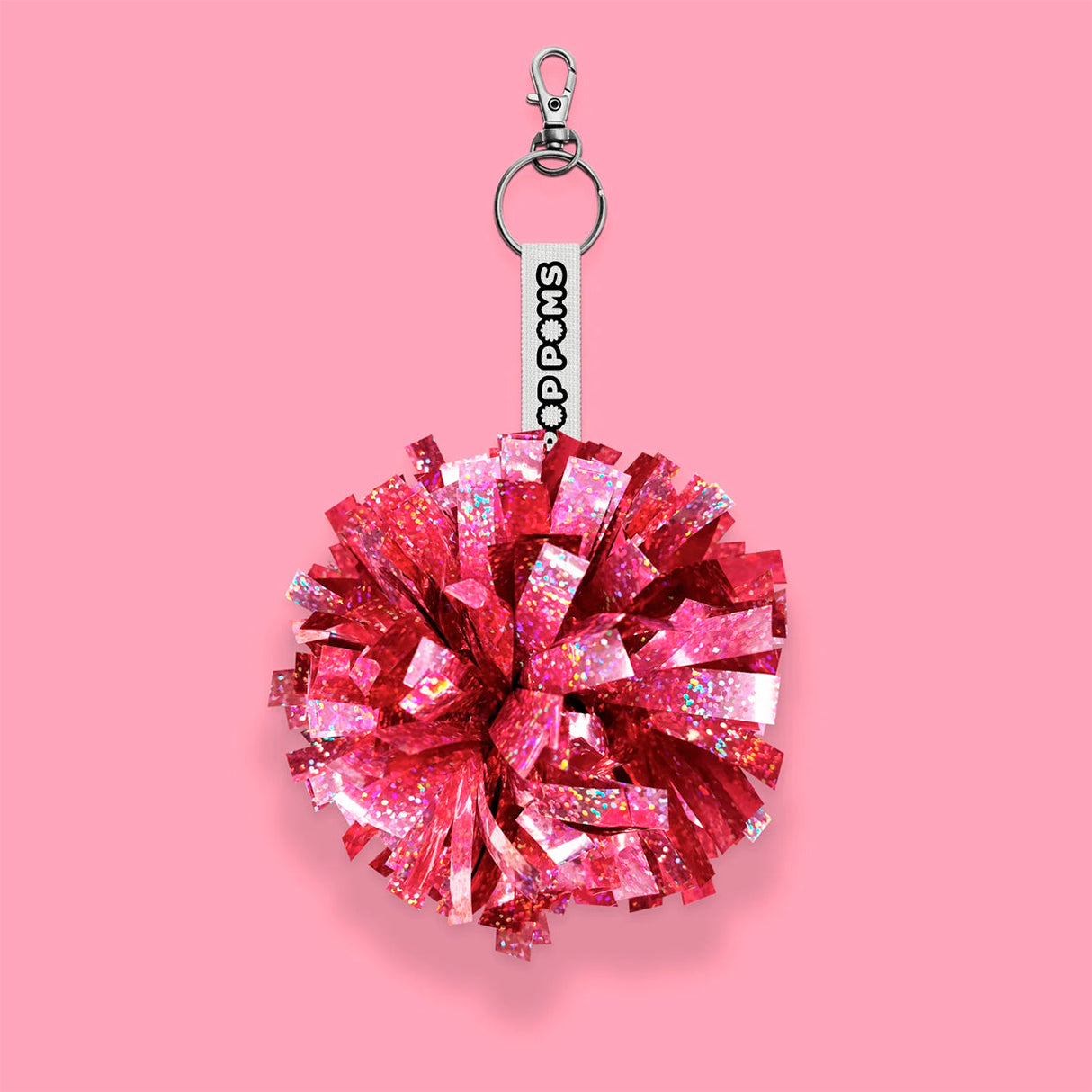 Ljusrosa glittrig holographic pom pom-nyckelring