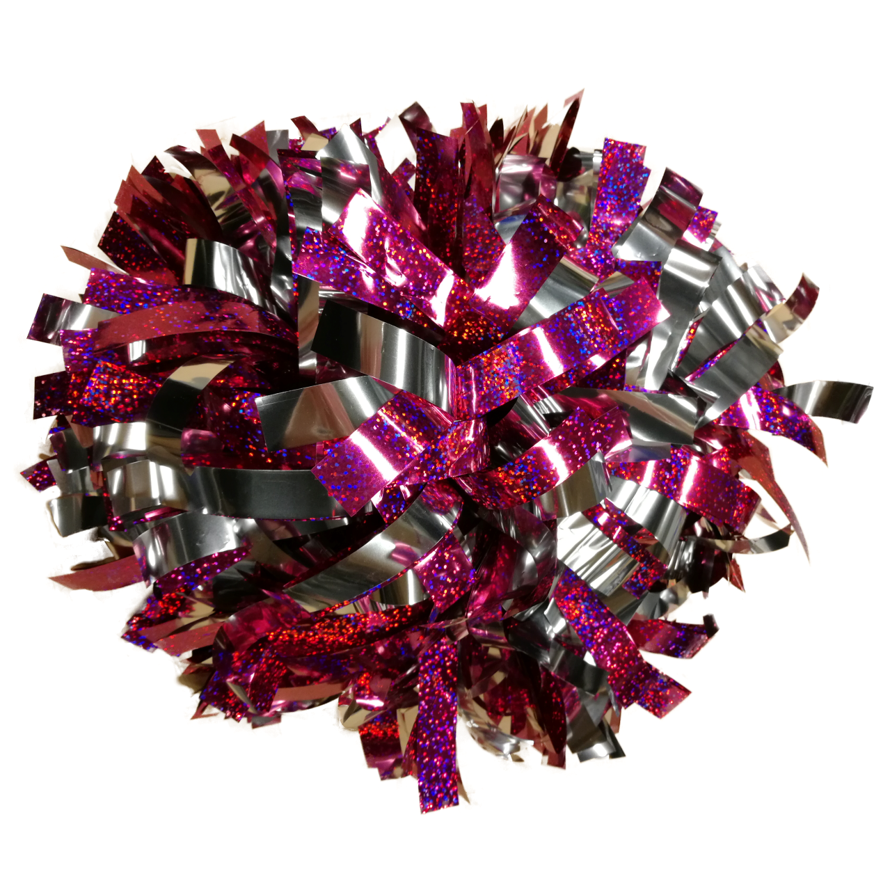 Metallisk silver / glittrig rosa pom pom
